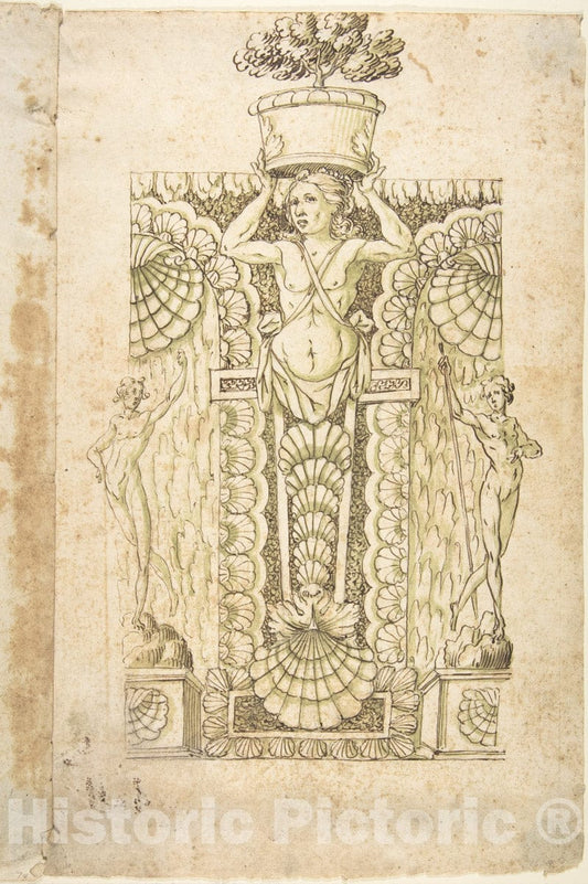 Art Print : Italian, Lombard, 16th Century - Design for a Wall Fountain 2 : Vintage Wall Art
