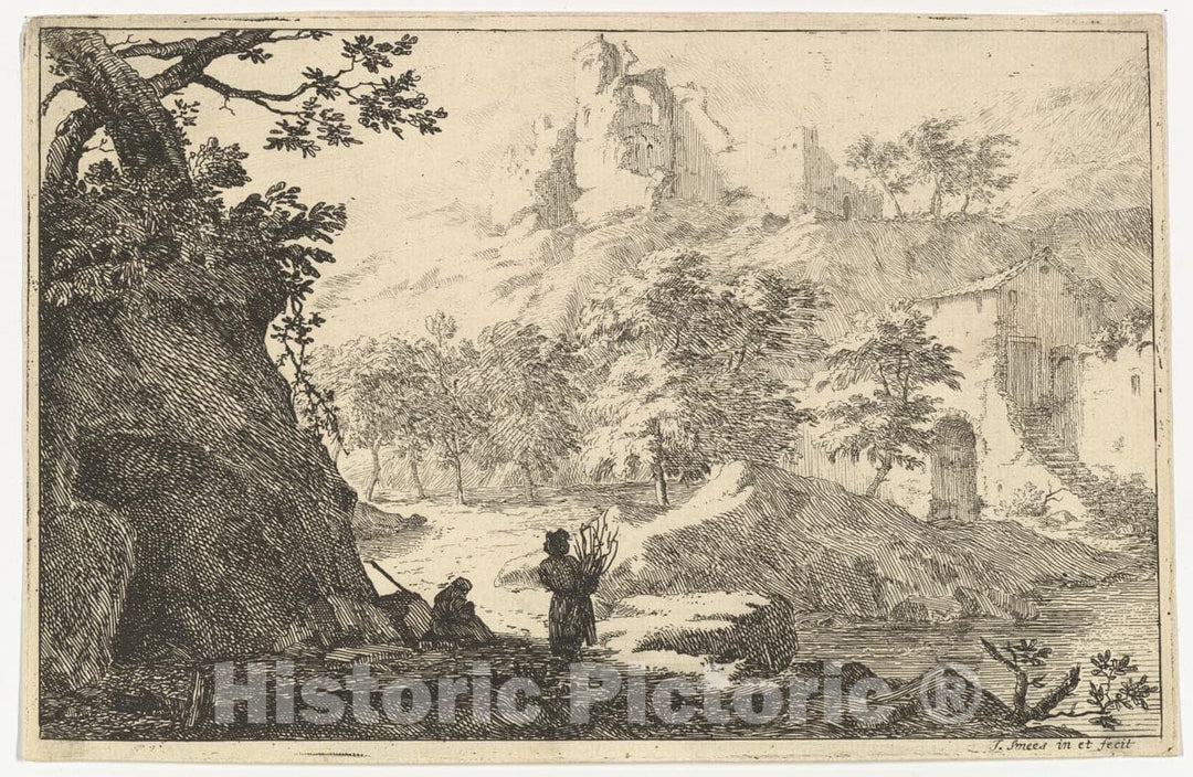 Art Print : Jan Smees - Landscape with Ruins of a Castle on a Hill : Vintage Wall Art