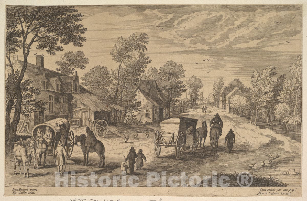 Art Print : Aegidius Sadeler II - Village Street with Two Carts : Vintage Wall Art