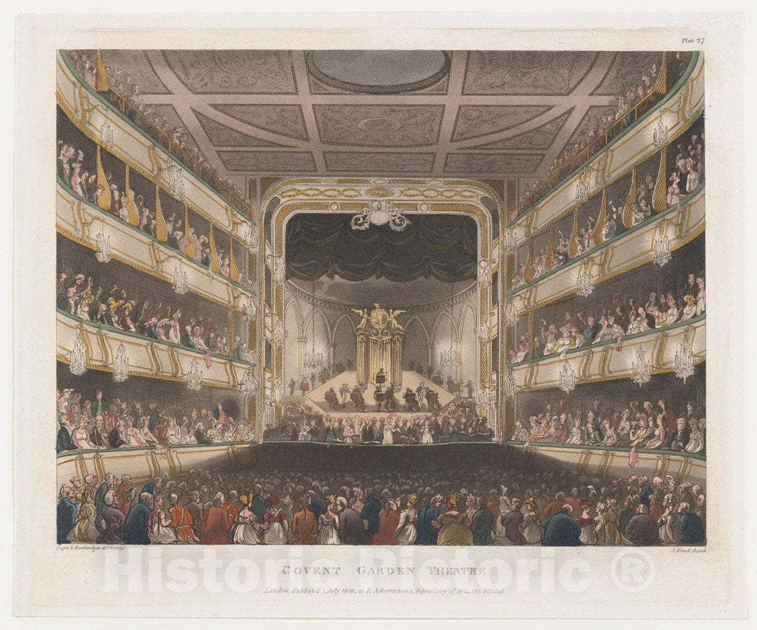 Art Print : Designed and Etched by Thomas Rowlandson - Covent Garden Theatre (Microcosm of London, Plate 27) : Vintage Wall Art