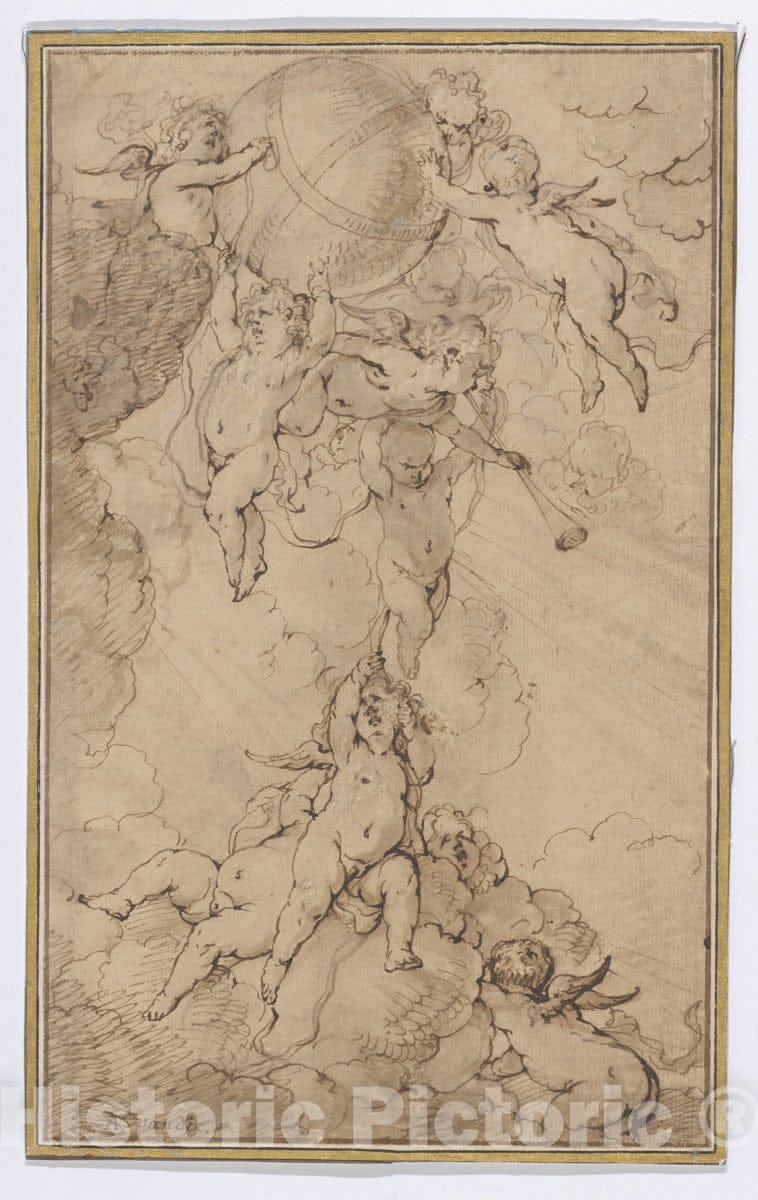Art Print : Jan Thomas - Putti in Clouds, Supporting a Globe : Vintage Wall Art
