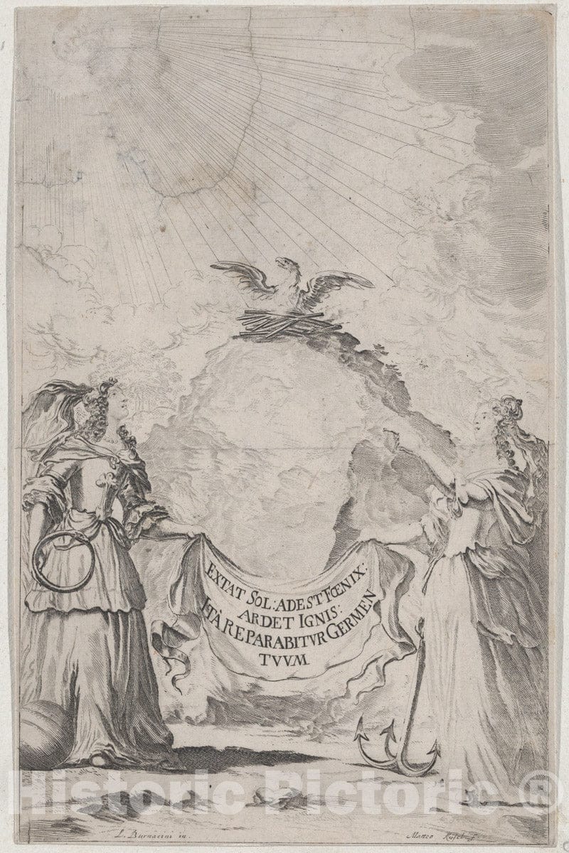 Art Print : Mathäus Küsel - Two Women Holding a Banner at Center as a Phoenix Rises Above