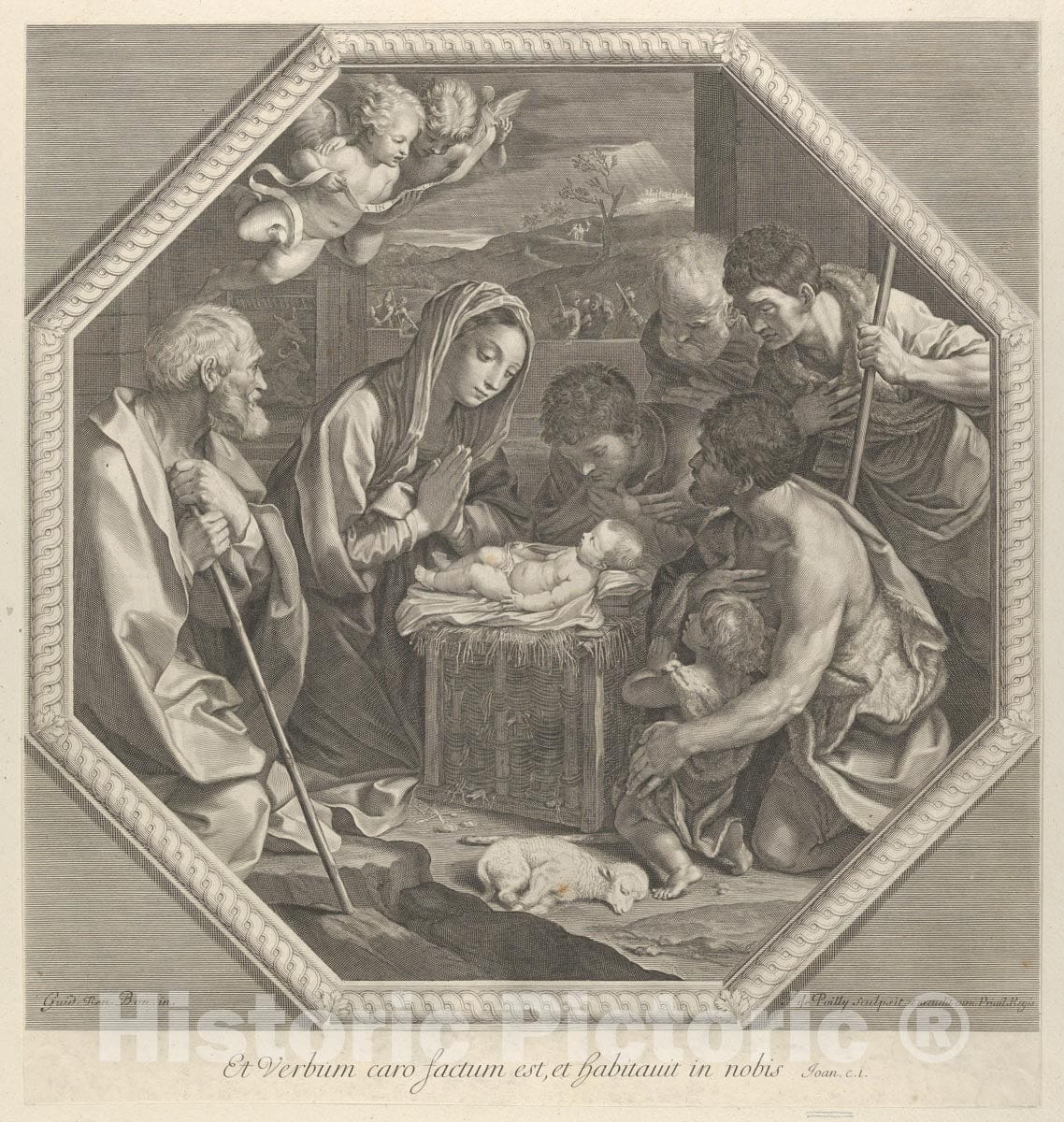 Art Print : The Adoration of The Shepherds who Kneel Together at Right Before The Infant Christ - Artist: Guido Reni - Created: c1655 : Vintage Wall Art