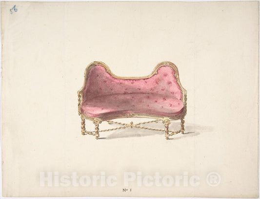 Art Print : British, 19th Century - Design for a Double Hump-Backed Sofa with Turned Legs and Arms, with Red Tufted Upholstery : Vintage Wall Art