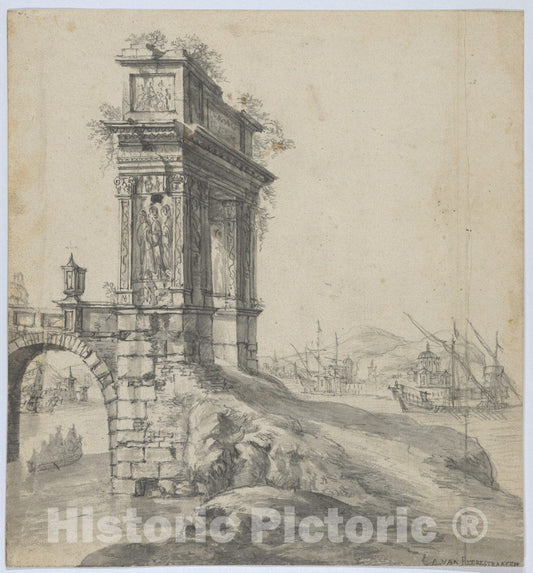 Art Print : Johannes Abrahamsz Beerstraten - Capriccio of a Bridge with The Arcus Argentariorum by a Mediterranean Harbor : Vintage Wall Art