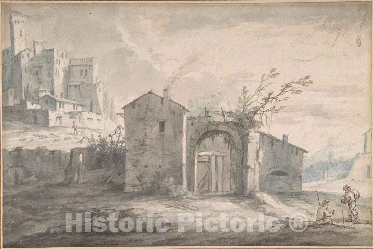 Art Print : Adriaen Fransz. Boudewijns - A Landscape with a Farm House and Two Figures, a Fortified Village seen Beyond : Vintage Wall Art