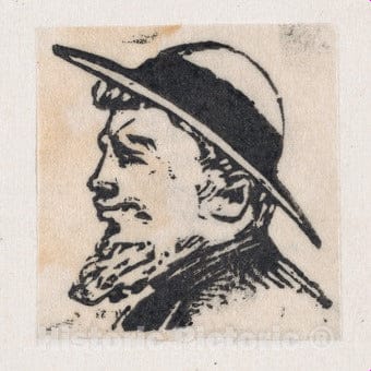 Art Print : José Guadalupe Posada - A Profile of a Man with a Beard and a hat : Vintage Wall Art