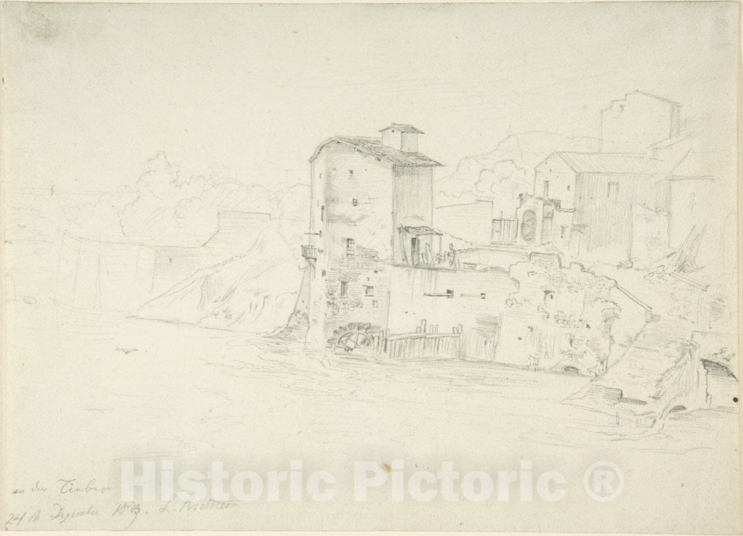 Art Print : Adrian Ludwig Richter - Landscape with Mill and Buildings : Vintage Wall Art