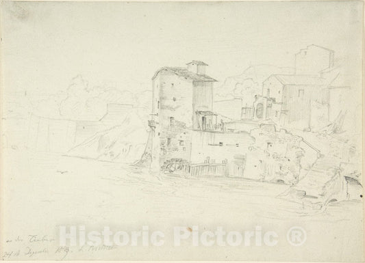 Art Print : Adrian Ludwig Richter - Landscape with Mill and Buildings : Vintage Wall Art
