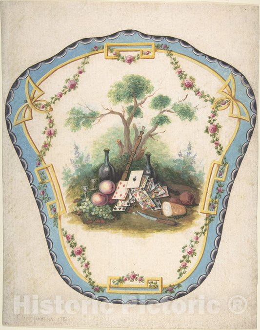 Art Print : Eugène Charpentier - Design for a Firescreen with Picnic Scene and Playing Cards : Vintage Wall Art