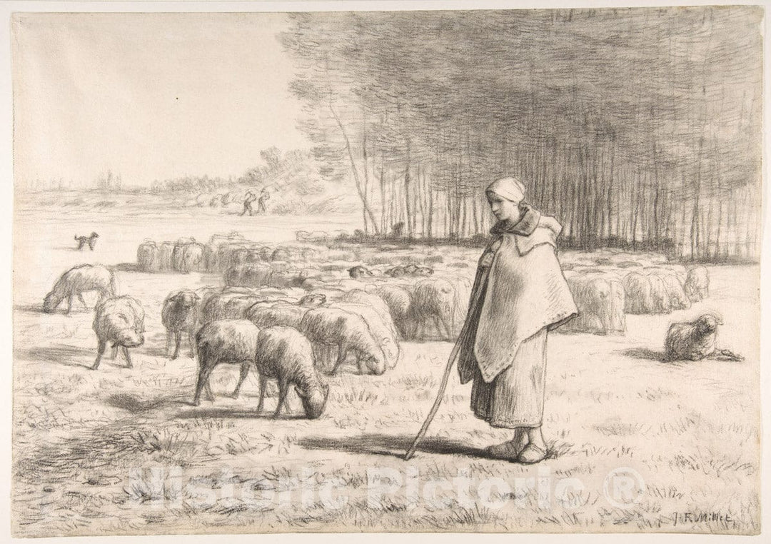 Art Print : Jean-François Millet - A Shepherdess with Her Flock : Vintage Wall Art