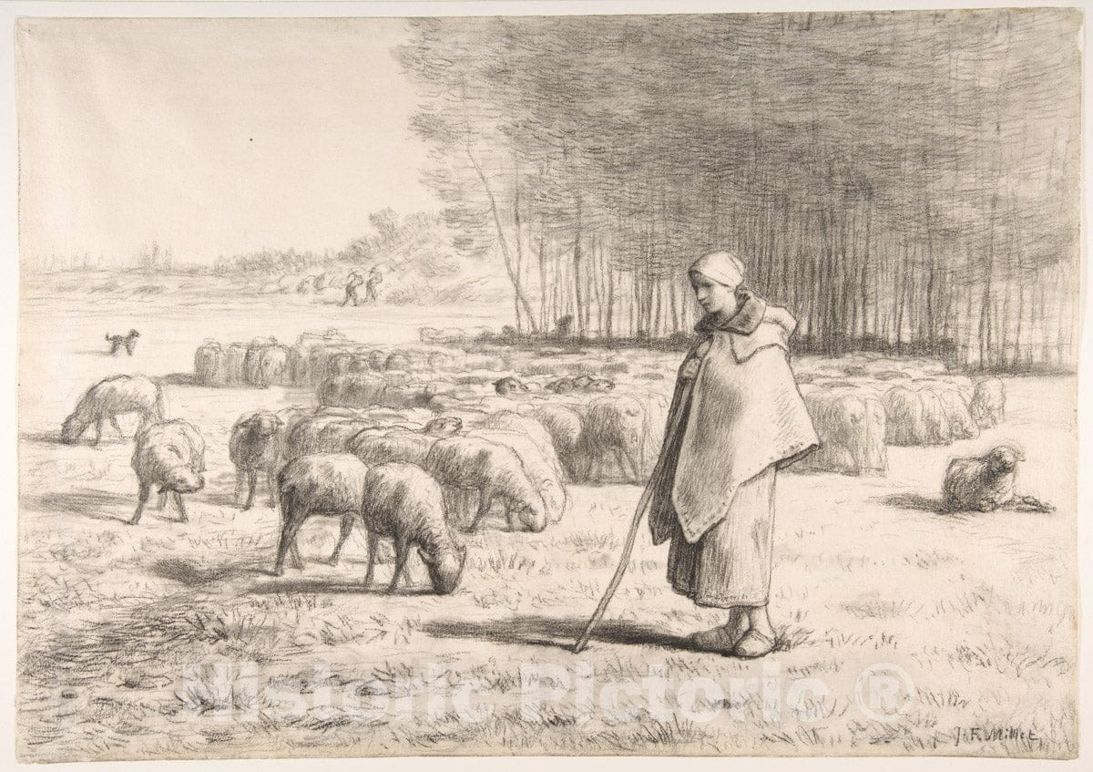 Art Print : Jean-François Millet - A Shepherdess with Her Flock : Vintage Wall Art