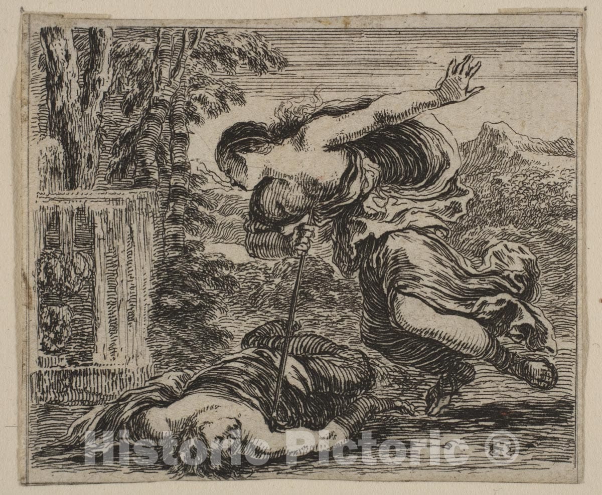 Art Print : Etched by Stefano Della Bella - Pyramus et Thisbe, from 'Game of Mythology' (Jeu de la Mythologie) : Vintage Wall Art