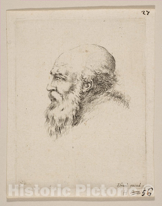 Art Print : Stefano Della Bella - Head of a Bald and Bearded Old Man in Profile, from 'Various Heads and Figures' (Diverses tétes et Figures) : Vintage Wall Art