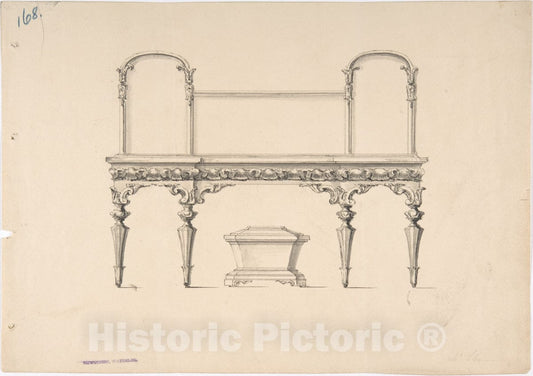 Art Print : British, 19th Century - Design for a Sideboard with Mirrors and Shell Ornament, a Casket Below : Vintage Wall Art