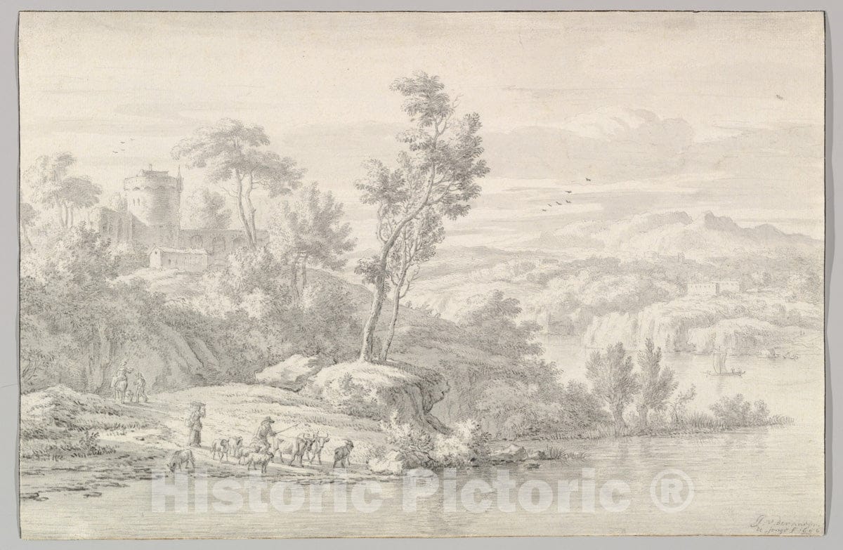 Art Print : Jan Van der Meer The Younger - Southern Landscape with Figures and Cattle at a River : Vintage Wall Art
