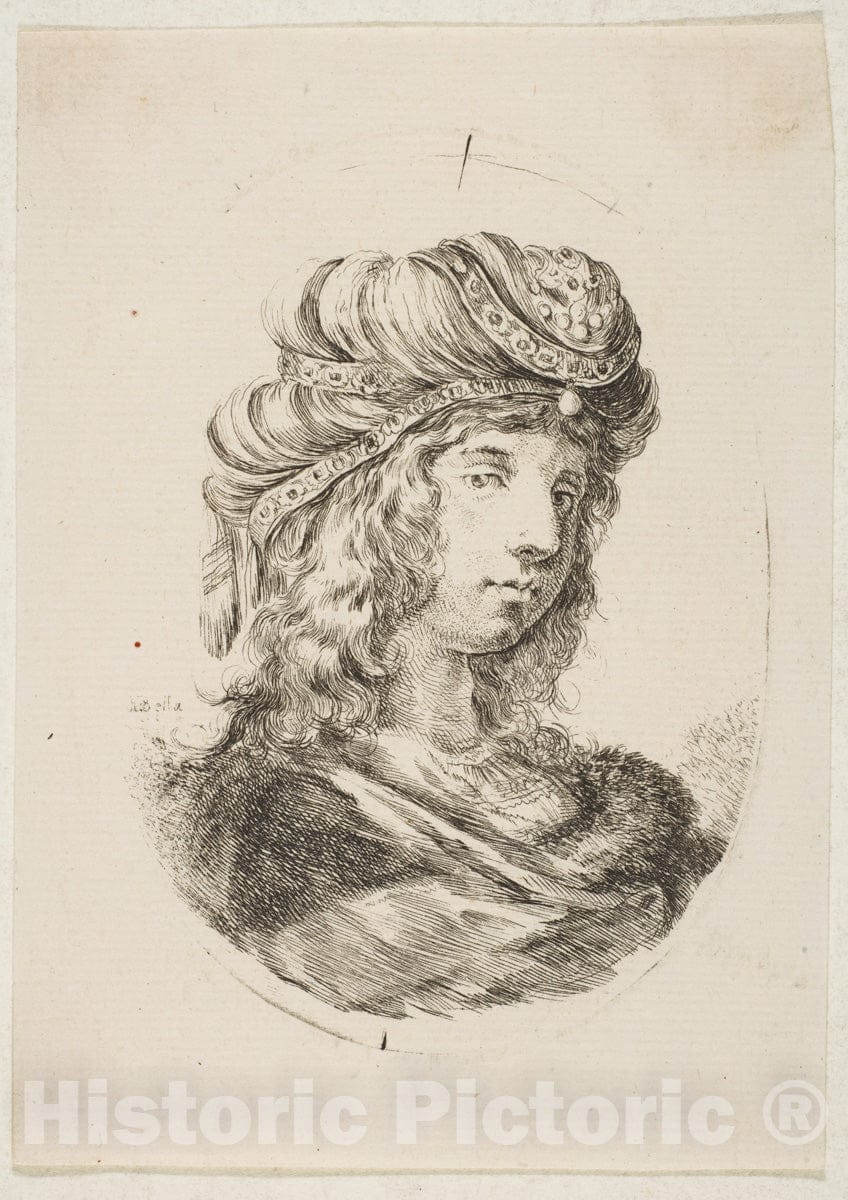 Art Print : Etched by Stefano della Bella - Sultan wearing a fur and a turban, from 'Several heads in the Persian style' (Plusieurs têtes coiffées à la persienne) : Vintage Wall Art