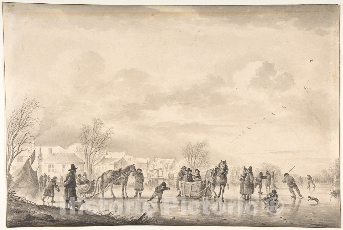 Art Print : Andries Vermeulen - Winter Landscape with Skaters and Horse-Drawn Sledges on The Ice, a Village Below : Vintage Wall Art