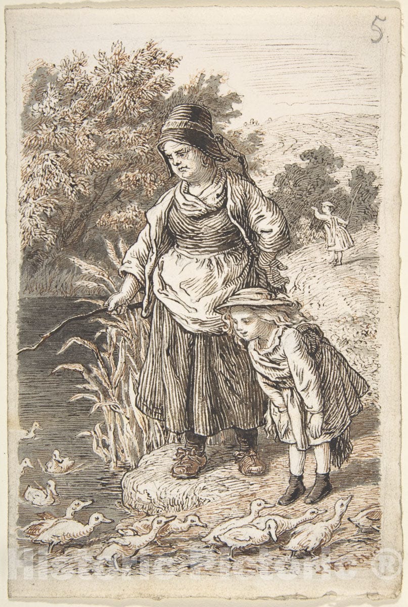 Art Print : Lorenz Frølich - Woman and Child by a Duck Pond : Vintage Wall Art