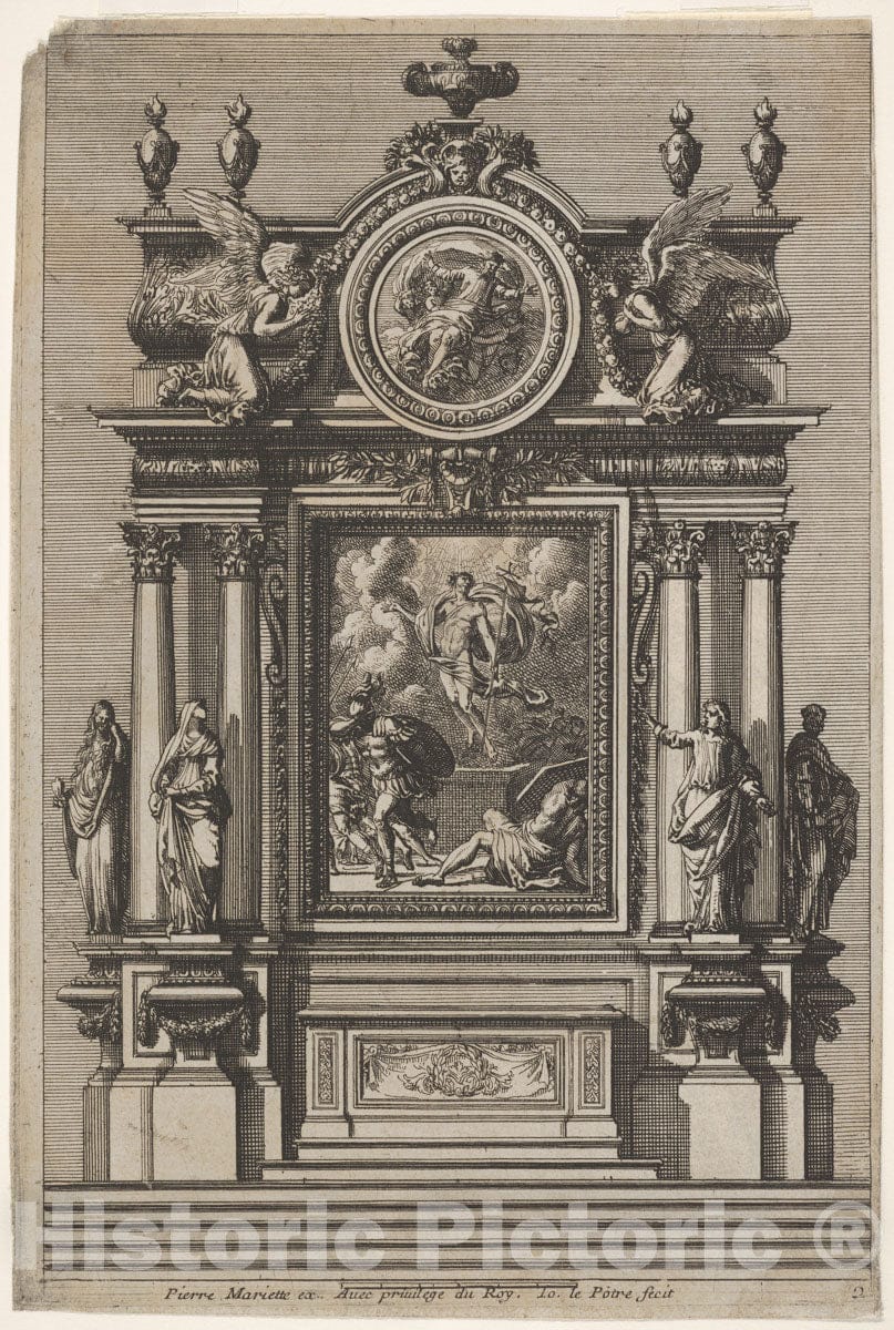 Art Print : Jean Le Pautre - Altar with The Resurrection of Christ, Plate 2 from: Nouveaux dessins d'autels à la Romaine : Vintage Wall Art