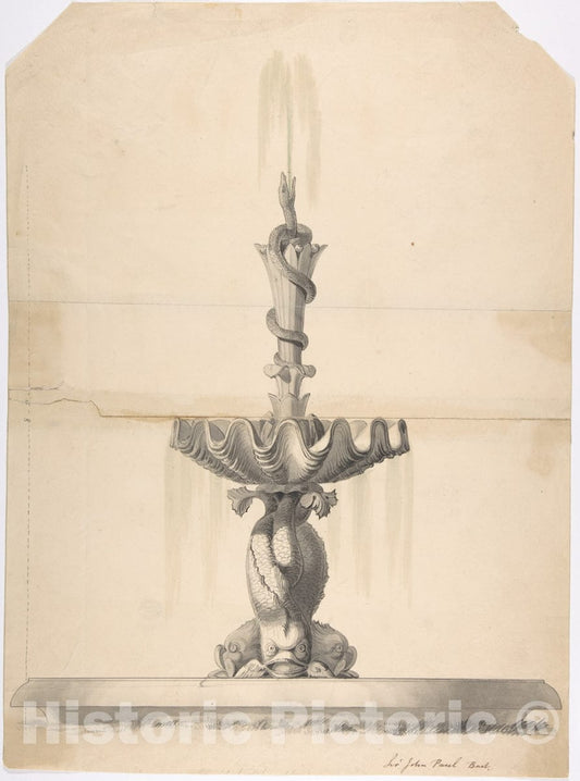 Art Print : Design for a Fountain with a Shell Basin Supported by Three Dolphins and Surmounted by a Snake Spouting Water - Artist: Anonymous - mid-19th Century : Vintage Wall Art