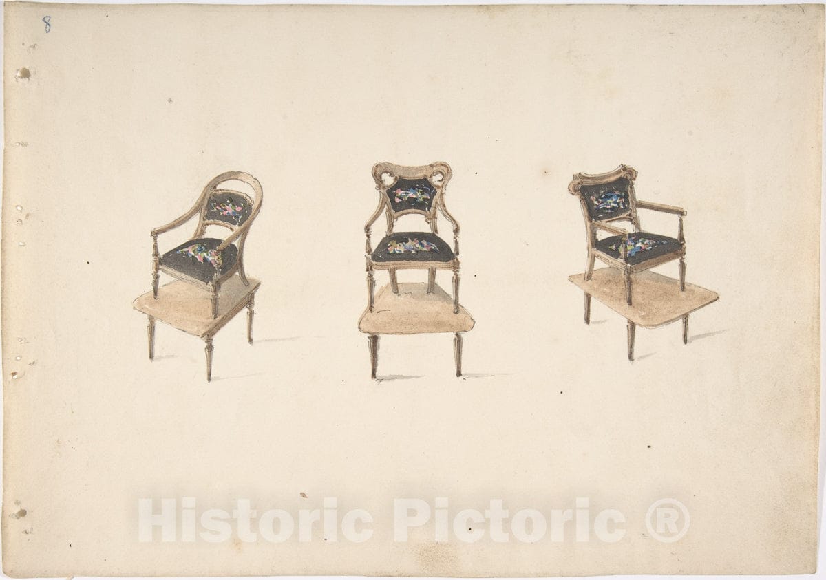 Art Print : British, 19th Century - Design for Three Small Elevated Armchairs 1 : Vintage Wall Art