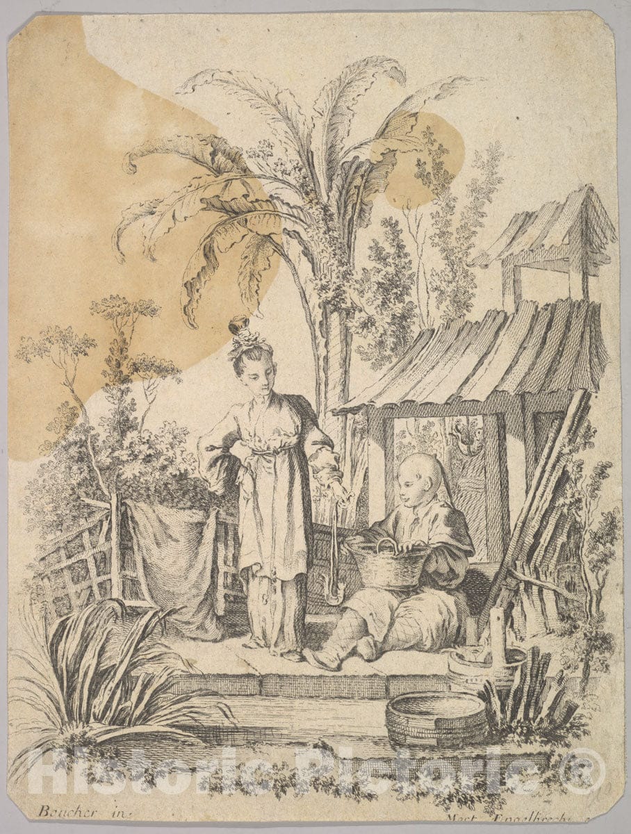 Art Print : Martin Engelbrecht - Man Sitting and Woman Carrying a Fish : Vintage Wall Art