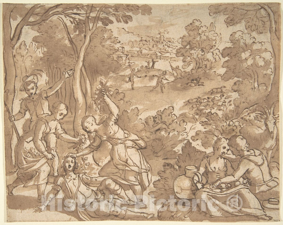 Art Print : Adam Van Noort - Landscape with Lovers and Hunters : Vintage Wall Art