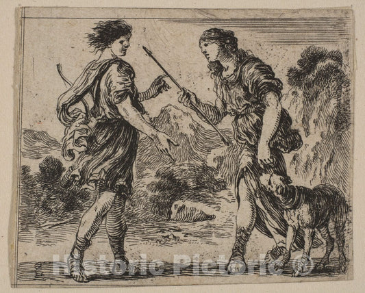 Art Print : Etched by Stefano Della Bella - Cephalus and Procris, from 'Game of Mythology' (Jeu de la Mythologie) : Vintage Wall Art