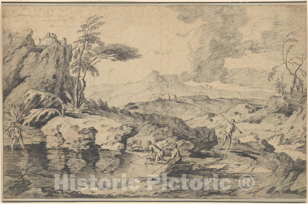 Art Print : Gaspard Dughet - Landscape with Fishermen : Vintage Wall Art