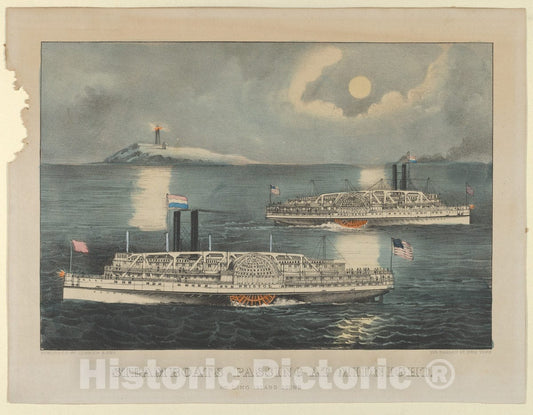 Art Print : Lithographed and published by Currier & Ives - Steamboats Passing at Midnight – On Long Island Sound : Vintage Wall Art