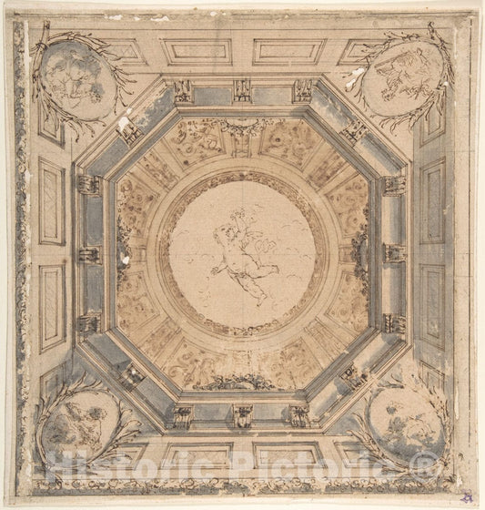 Art Print : Italian, 18th Century - Design for a Square Trompe L'Oeil Ceiling with The Four Evangelists : Vintage Wall Art