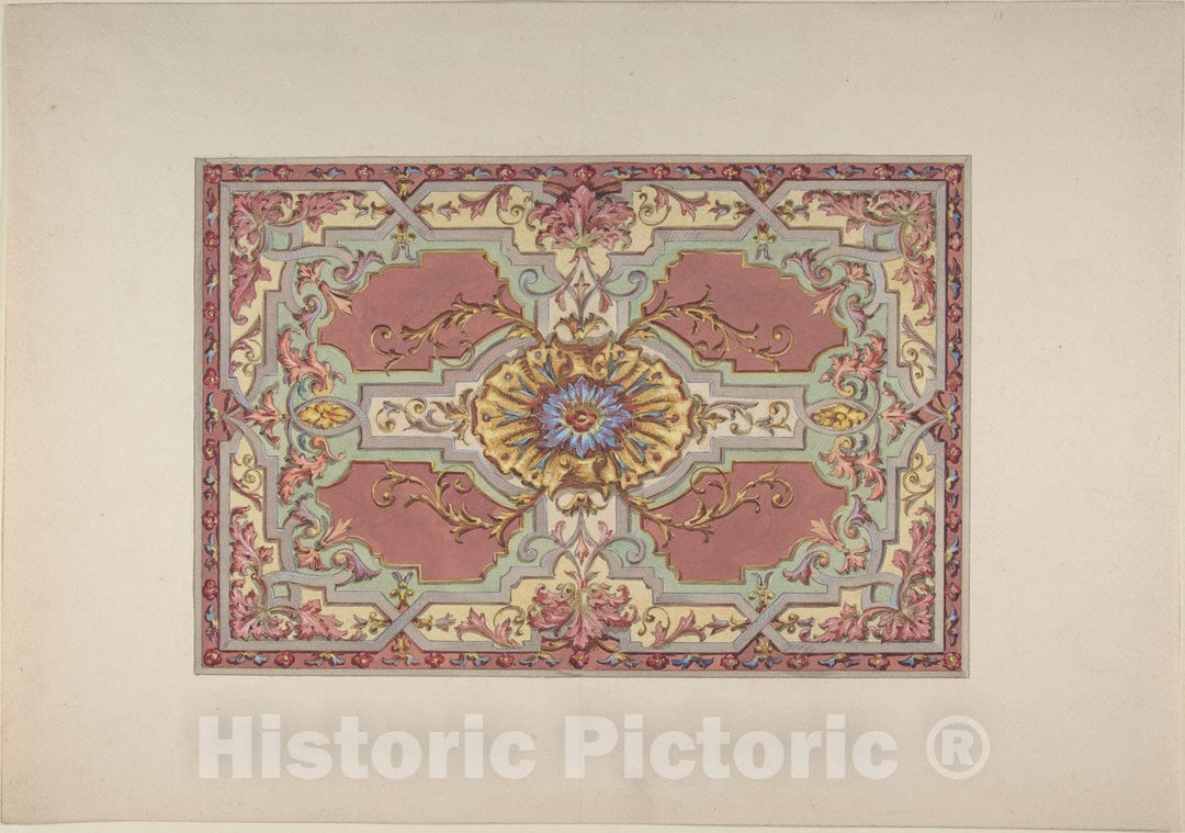 Art Print : Jules-Edmond-Charles Lachaise - Design for a Painted Ceiling with Strapwork and Foliage on a Rose Background : Vintage Wall Art