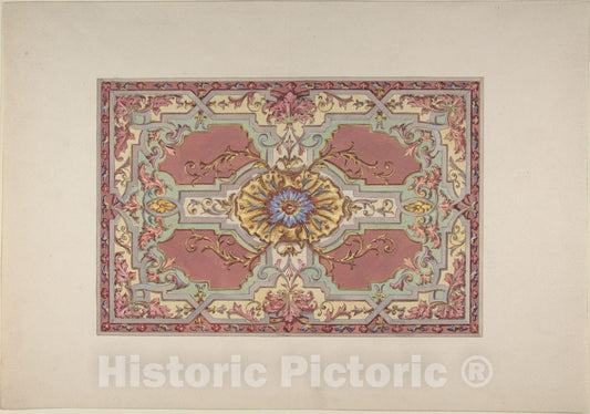 Art Print : Jules-Edmond-Charles Lachaise - Design for a Painted Ceiling with Strapwork and Foliage on a Rose Background : Vintage Wall Art