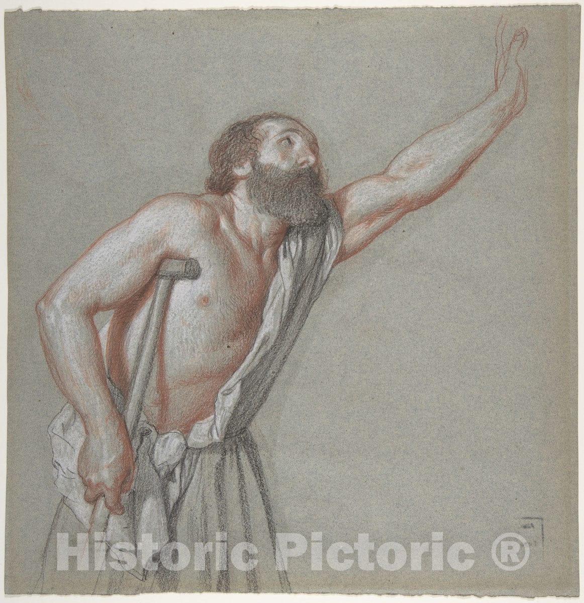 Art Print : Alexandre Hesse - Man Leaning on a Crutch with Left Arm Raised : Vintage Wall Art