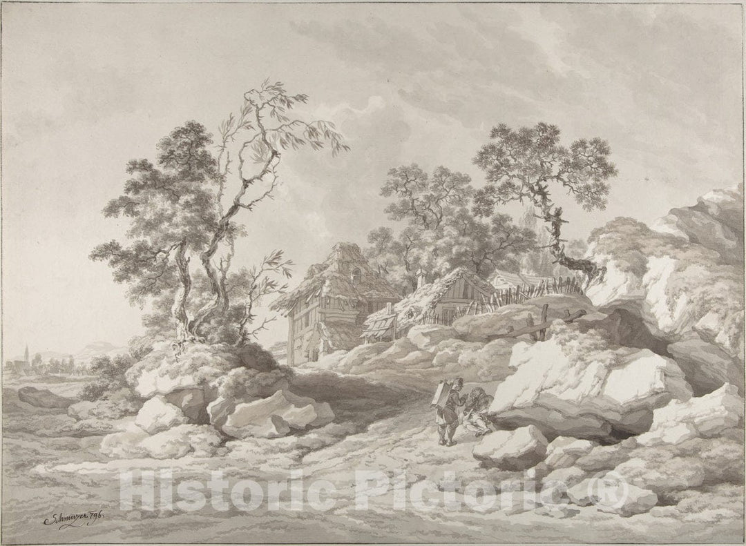 Art Print : Jakob Matthias Schmutzer - Landscape Near Mödling with Figures : Vintage Wall Art