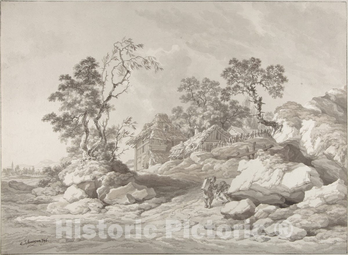 Art Print : Jakob Matthias Schmutzer - Landscape Near Mödling with Figures : Vintage Wall Art