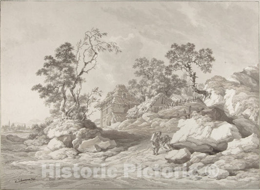 Art Print : Jakob Matthias Schmutzer - Landscape Near Mödling with Figures : Vintage Wall Art