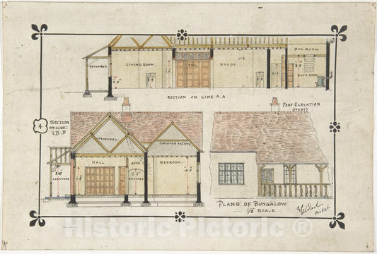 Art Print : Ernest Geldart - Bungalow drawing - Western elevation and interior - Western Elevation and Interior : Vintage Wall Art