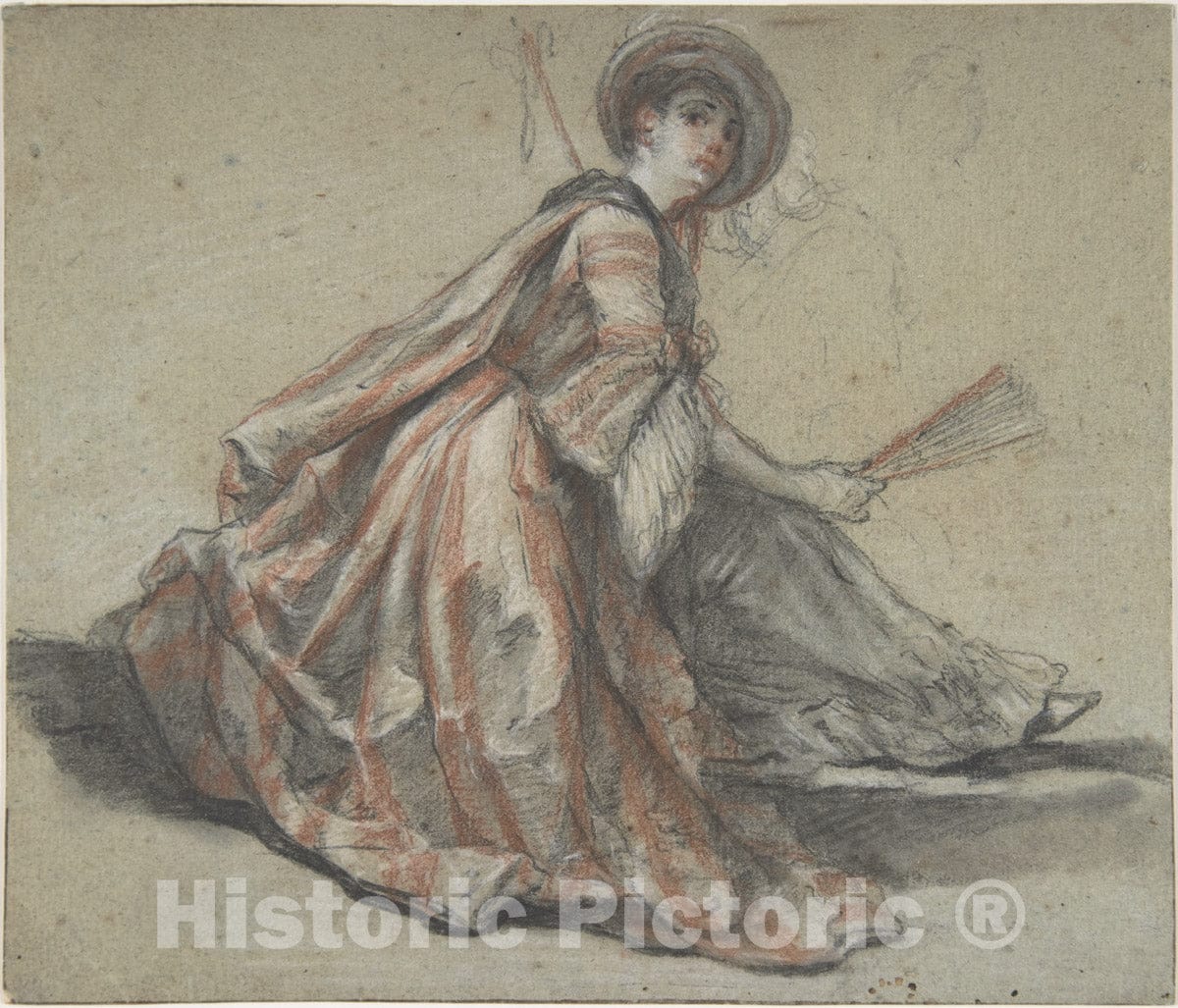 Art Print : Michel Barthélémy Ollivier - A Lady Holding a Fan : Vintage Wall Art