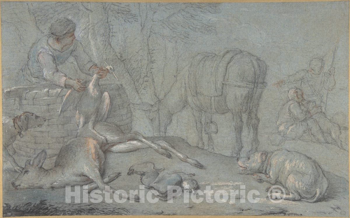 Art Print : Giovanni Agostino Cassana - Hunters with Dead Game in a Landscape : Vintage Wall Art