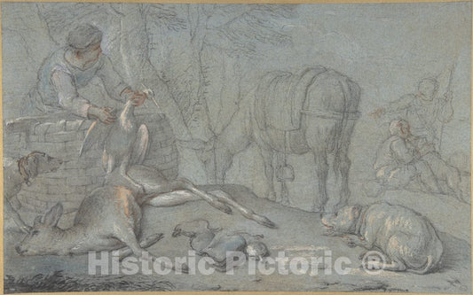 Art Print : Giovanni Agostino Cassana - Hunters with Dead Game in a Landscape : Vintage Wall Art