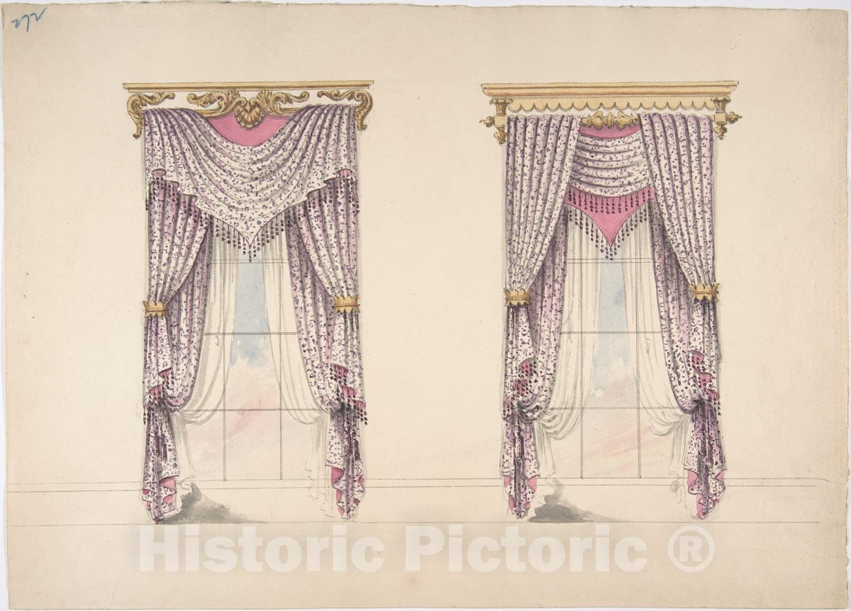 Art Print : British, 19th Century - Design for Curtains with Purple, White and Mink Fabric, Purple Fringes and Gold and White Pediments : Vintage Wall Art