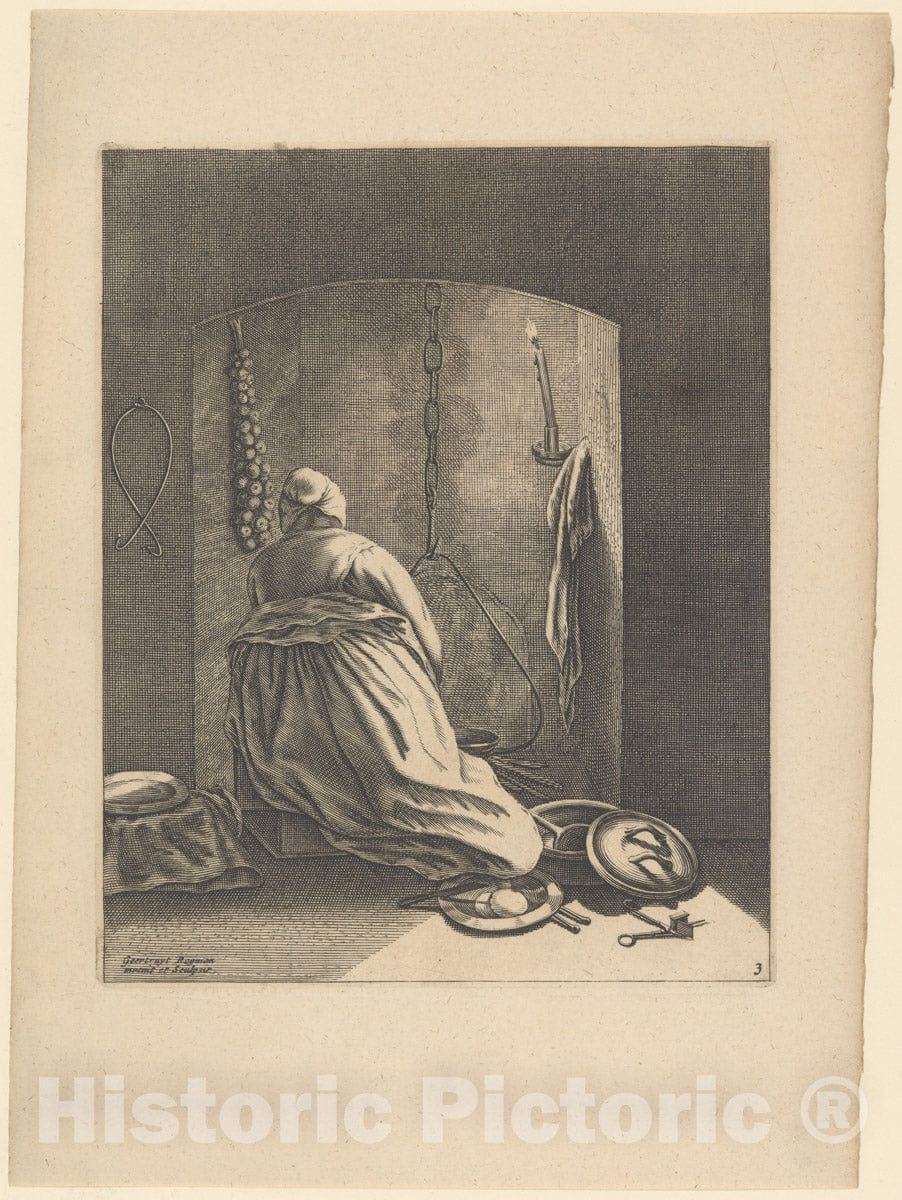 Art Print : Geertruydt Roghman - A Woman Cooking, Plate 3 from Five Feminine Occupations : Vintage Wall Art