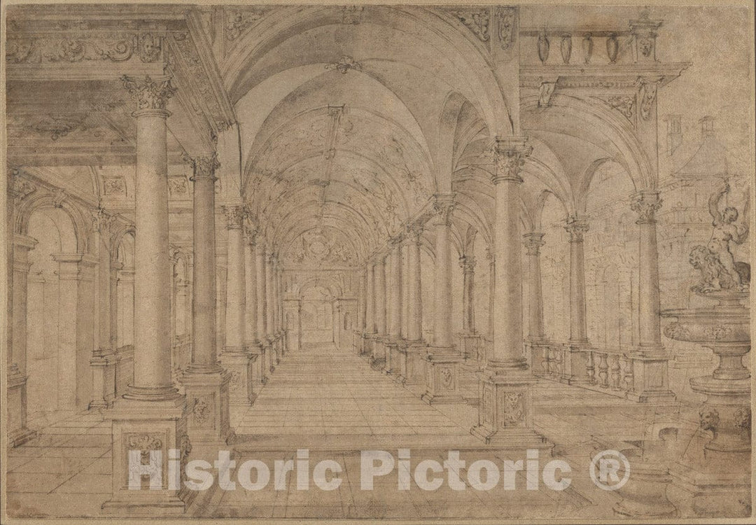 Art Print : Architectural Capriccio with an Arcade and Fountain in Point Perspective - Artist: Hans Vredeman de Vries - Created: c1594 : Vintage Wall Art