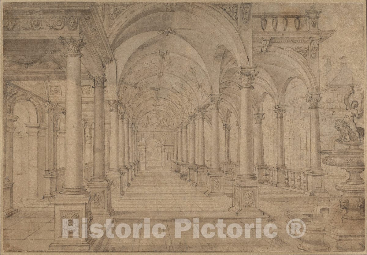 Art Print : Architectural Capriccio with an Arcade and Fountain in Point Perspective - Artist: Hans Vredeman de Vries - Created: c1594 : Vintage Wall Art
