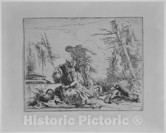 Art Print : Giovanni Battista Tiepolo - Chained Woman and Other Figures Regarding a Pyre of Bones, from The Capricci : Vintage Wall Art