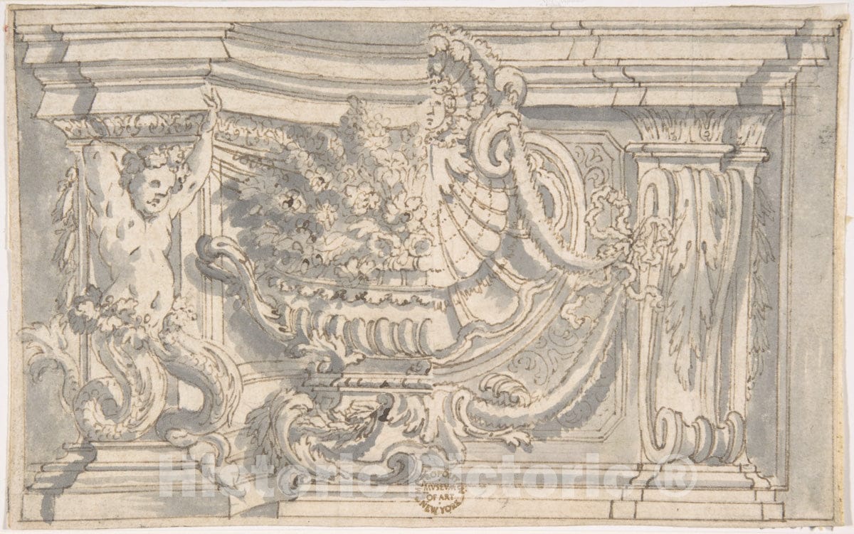 Art Print : Italian, Roman-Bolognese, 17th Century - Drawing Showing Two Alternate Designs for an Ornamental Niche or Panel : Vintage Wall Art