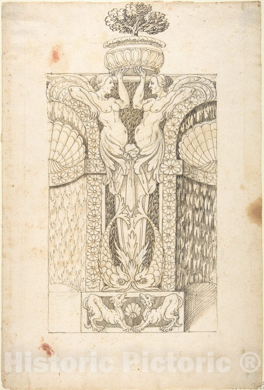 Art Print : Italian, Lombard, 16th Century - Design for a Wall Fountain - 425967 : Vintage Wall Art