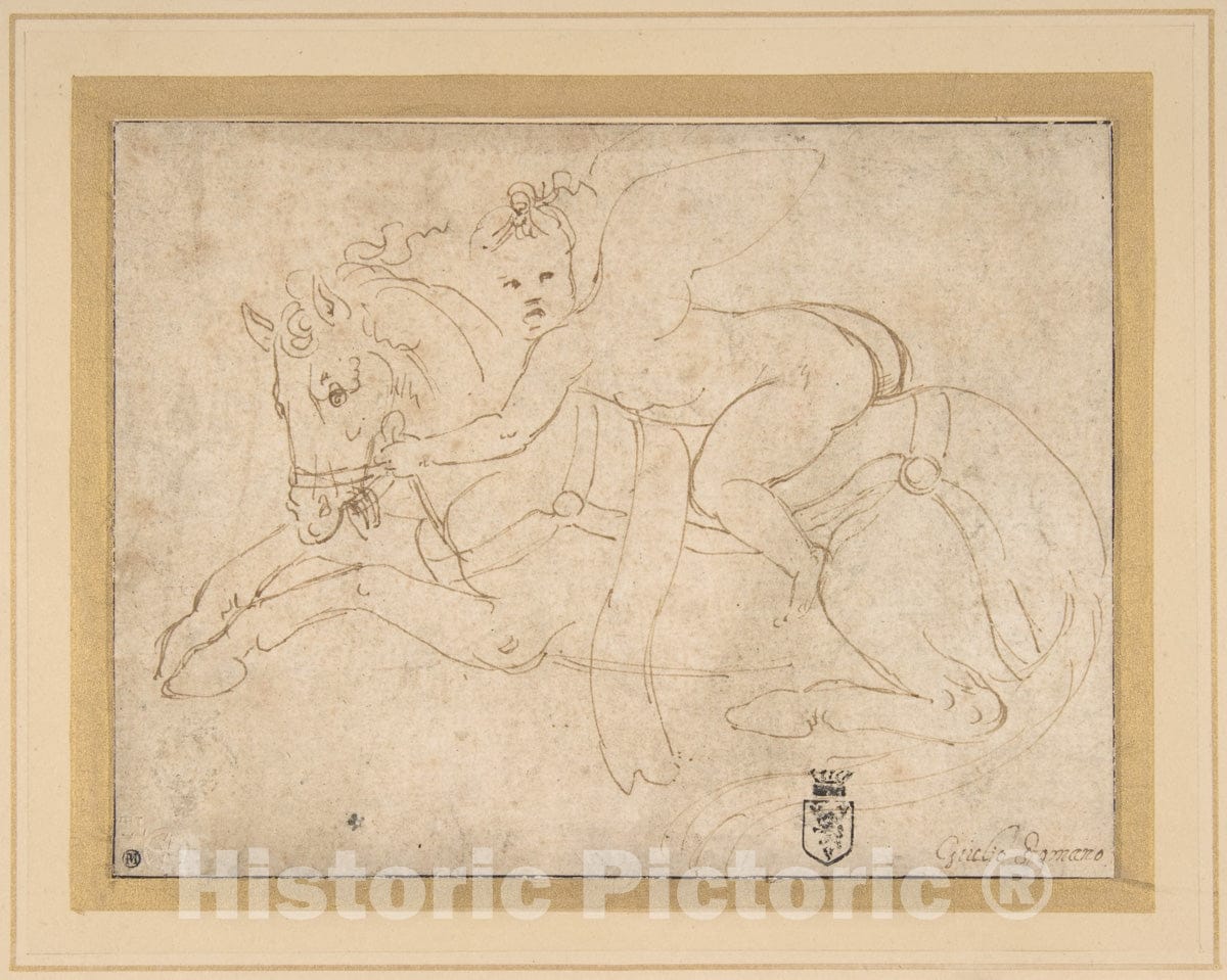 Art Print : Giulio Romano - Winged Infant Riding a Crouching Horse : Vintage Wall Art